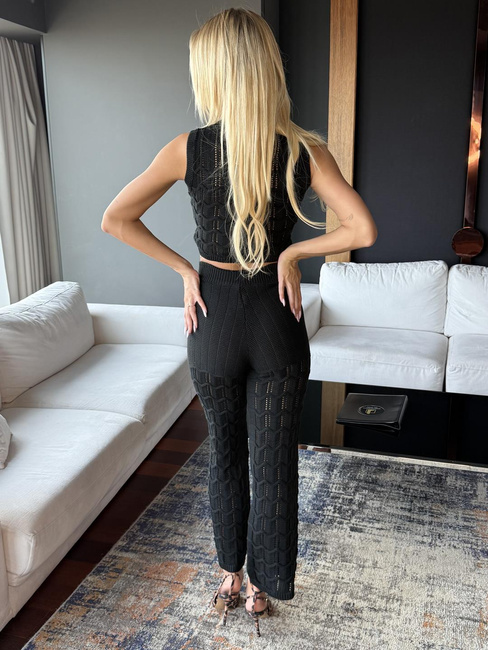 Komplet ażurowy top + spodnie Zoe czarny