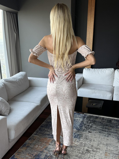 Komplet bluzka hiszpanka + spódnica maxi z wzorem Mia beżowa