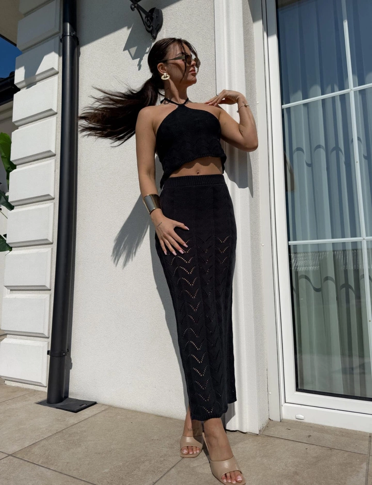 Komplet ażurowy top + spódnica maxi Marbella czarny