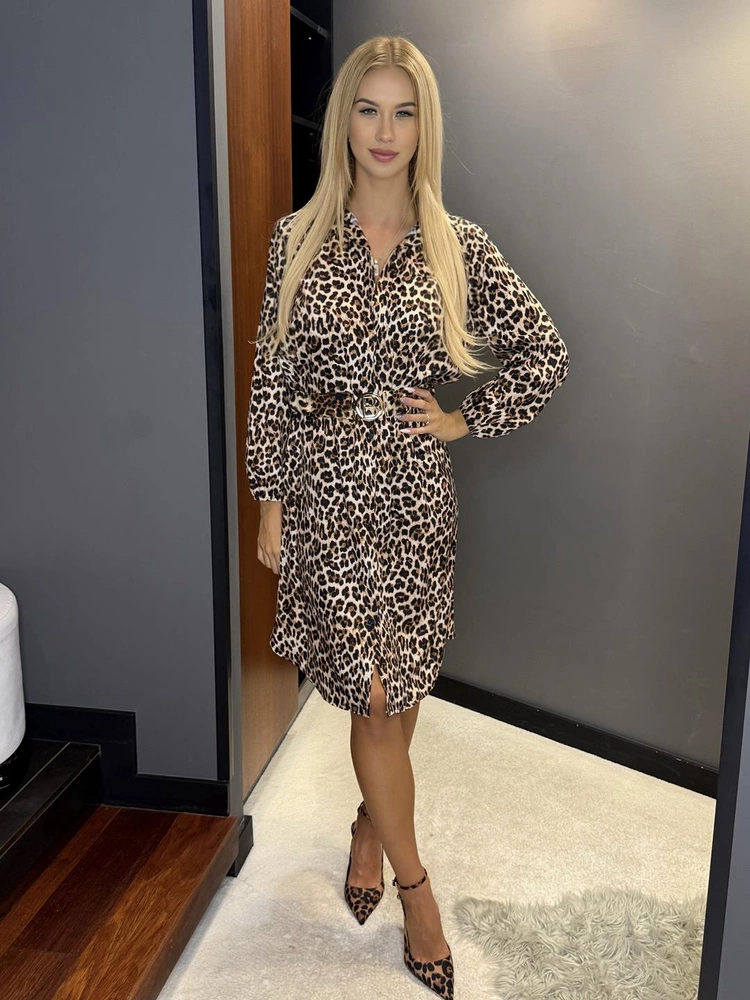 Sukienka midi Noa ze złotym paskiem wzór panterki